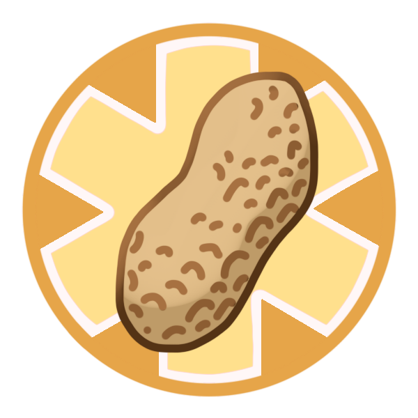 a yellow circle with a large medical alert asterisk inside it, and a peanut pictured in the center.